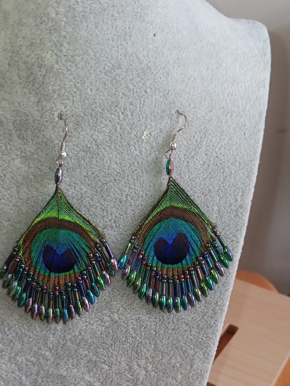 Peacock Feather Drop Earrings - Vibrant Blue & Green